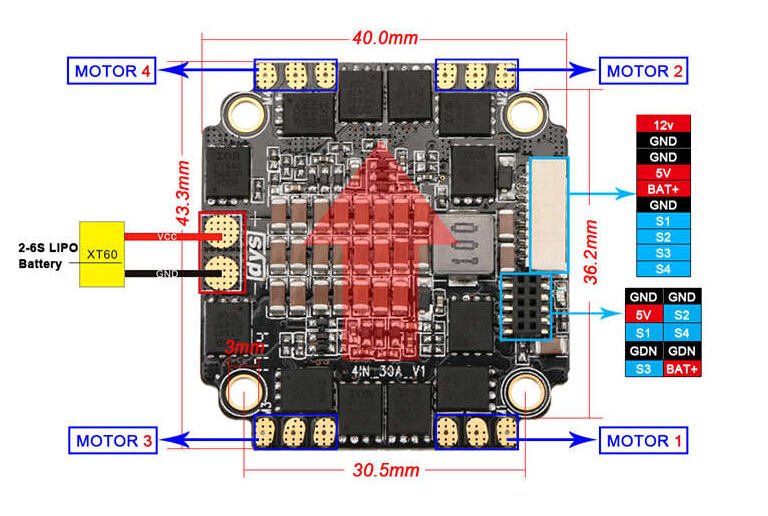 DYS F4 FC, F30A and F20A 4in1 ESC quadcopter esc wiring 